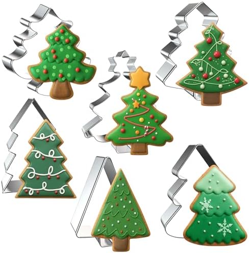 6PCS Christmas Tree Cookie Cutter Set, Christmas Cookie Cutters, Holiday Shaped Biscuit Molds, Stainless Steel Baking Supplies for Homemade Cookies, Tree