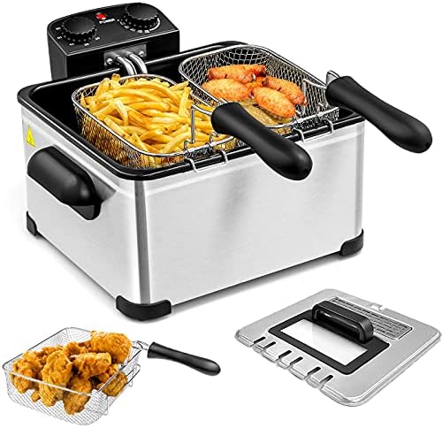 5.3QT Electric Deep Fryer with 3 Baskets, SIMOE 5L Stainless Steel Deep Fryer w/60 timer & Lid with view window, Home Countertop Oil Fryer w/Temperature Control for Kitchen, Party, French Fries