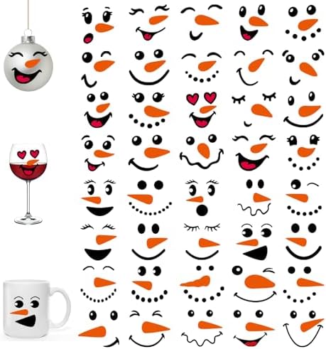 40PCS Snowman Face Stickers for Crafts – Snowman Face Decals for Ornaments, Christmas Vinyl Transfer Stickers for Cups, Mugs, Jars, DIY Christmas Face Decals for Holiday Crafts