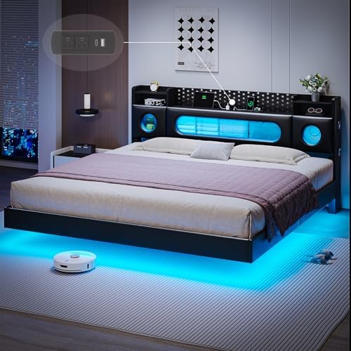 Floating Bed Frame King with Storage Headboard, King Bed Frame with Storage & Charging Station, King Size Bed with LED Lights, Platform Bed No Box Spring Needed,Noise-Free,Easy Assembly, PU Black