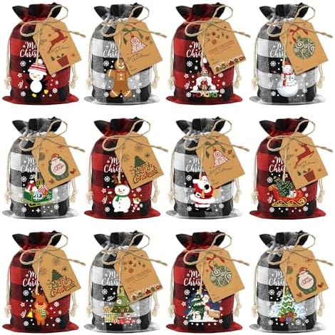 Aviski 60PCS Cotton Small Christmas Drawstring Candy Treat Bags Buffalo Plaid Xmas Xmas Christmas Fabric Goody Gift Sacks Reusable Gift Wrapping Bags Holiday Party Favors - Red/White