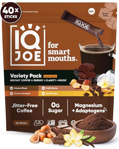 IQJOE Mushroom Coffee Packets (40 Servings) Lion’s Mane, Magtein Magnesium, Antioxidants, Adaptogens - Variety Pack - Instant Coffee for Focus, Clarity, Mood, Energy Boost - Sugar Free, Keto, Vegan