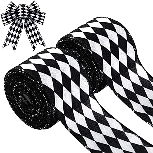 2 Rolls Christmas Checkered Ribbon Black and White Check Ribbon Diamond Check Wired Edge Ribbon Diamond Pattern Decorative Ribbons for Christmas Fall Tree Wrapping DIY Crafts (2.6 Inch)
