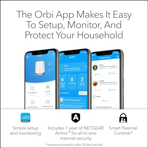 NETGEAR Orbi Tri-Band WiFi 6 Mesh Network System (RBK863S) – Router + 2 Satellite Extenders, Security Features, Up to 6Gbps, Up to 8,000 sq.ft., 100 Devices, 10 Gig Internet Port, Armor Subscription
