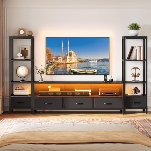 YITAHOME TV Stands for 65 inch TV Entertainment Center with 2 Industrial 4-Tier Bookshelves, LED TV Stands for Living Room, Modern Farmhouse TV Console Cabinet with Power Outlets,Black