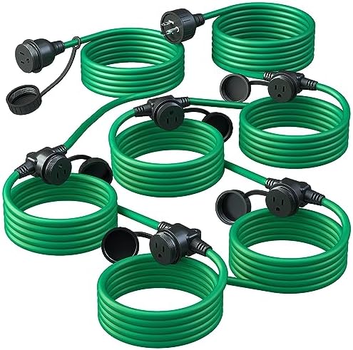 50FT Green Outdoor Extension Cord, Evenly Spaced 6 Outlets Plugs with Waterproof Cover, 16/3 SJTW Weatherproof Multiple Outlets Wire for Holiday Light and Halloween Christmas Decoration, ETL Listed