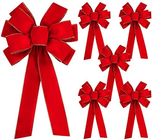 Iceyyyy 6 PCS Large Christmas Bow - 30.7" x 10.6" Christmas Valentine's Day Golden Edged Red Velvet Wreath Bow Christmas Tree Topper Ornament Bow for Christmas Home Wreath Tree Decoration