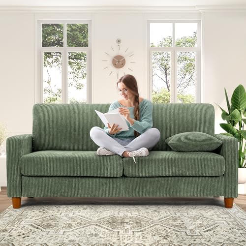 Kidirect 70in Corduroy Couch, Sofas for Living Room No Tool Assembly, Comfy Couches for Living Room 21in Deep Seats, Oversized Loveseat Sofa with 2 Pillows, 3 Seater Couch for Bedroom, Green Sofa