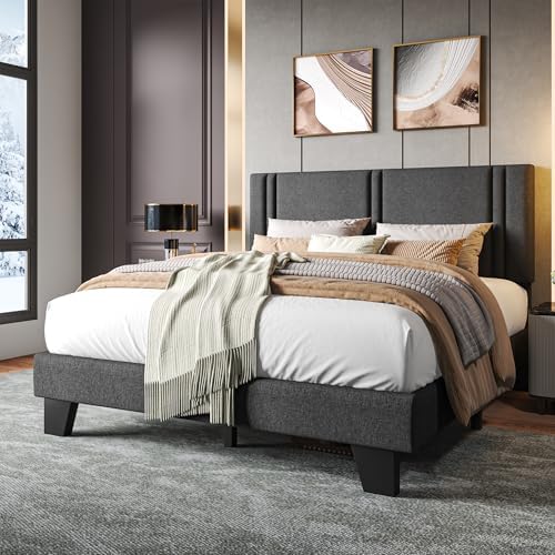 Upholstered Queen Size Bed Frame with Linen Fabric Headboard, Strong Wooden Slats Support, Noise Free, No Box Spring Needed, Dark Grey