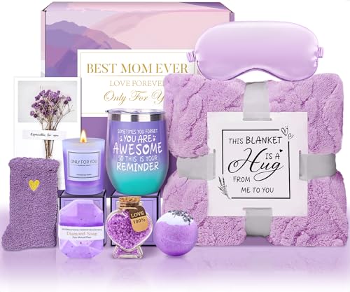 Birthday Gifts for Mom from Daughter Son, Relaxing Lavender Spa Basket Set for Women Luxury Self-Care Basket for Mama, Birthday Mothers Day Gifts for Women, Mom, Wife, Sister, Friend, Her