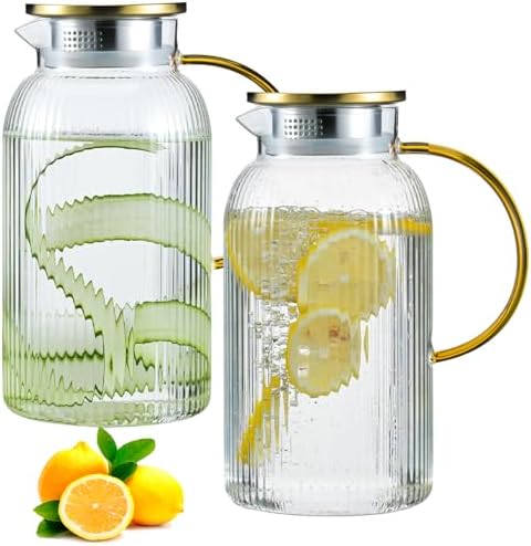 2 PACK Glass Pitcher with Lid and Handle,68 oz/ 2 Liter Vertical Stripes Water Pitcher,Glass Water Carafe for Fridge,Hand Blown Heat Resistant Borosilicate Water Jug for Hot/Cold Drinks,Gifts