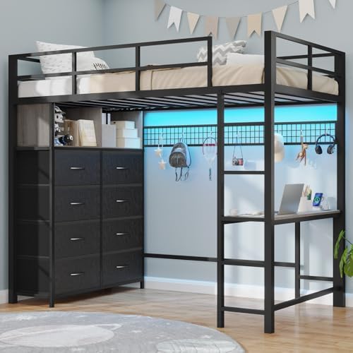 BTHFST Twin Loft Bed with Desk & 8 Storage Drawers Tall Dresser, Black Metal Loft Bed with LED Lights & Charging Station, 2-Tier Storage Shelves, Stable & Sturdy, Noise Free, Space Saving, Grey