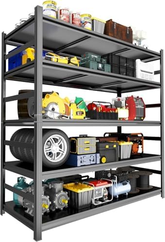 Garage Shelving, Storage Shelves Heavy Duty, 5-Tier Adjustable Black Shelving, 3000Lbs Utility Shelf for Garage/Basement/Kitchen, 72”H×48”W×24”D