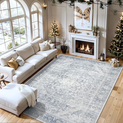 Area Rug 9x12 Living Room Rug, Soft Vintage Washable Rug with Anti-Skid Backing Stain Resistant Thin Indoor Carpet Large Area Rug for Bedroom Under Dining Room Table Nursery-Blue