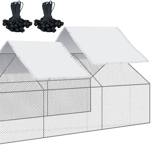 2 Pcs Chicken Coop Cover Waterproof 11.5 x 6.6 ft Chicken Run Cover Coop Tarp Accessories for Winter with 50 Pcs Ball Bungees Cords for Outdoor (White)