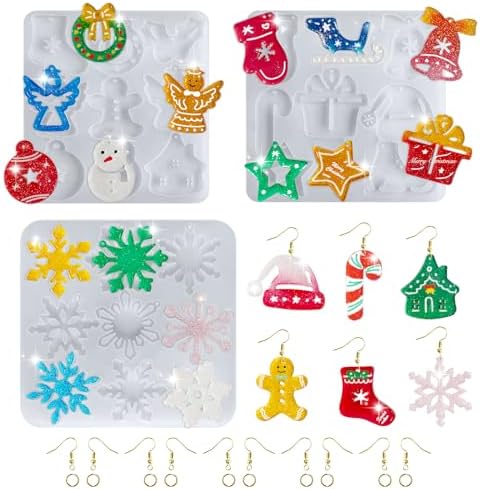 3 PCS Christmas Resin Silicone Molds, Christmas Resin Earring Molds Resin Jewelry Molds for DIY Handmade Gifts, Silicone Resin Molds for Earrings Chirstmas Tree Ornaments Decoration
