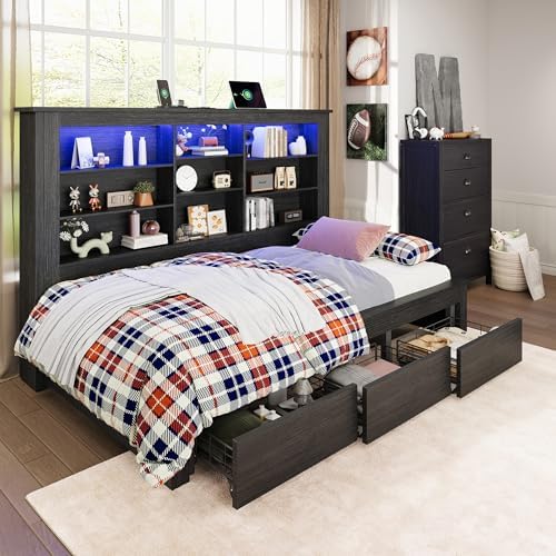 Jocisland Twin Daybed with Bookcase Headboard, USB-C Charging, RGB Lights & 3 Drawers, No Box Spring Needed, Wood Bed Frame for Teens, Dorms, Guest Room, Black