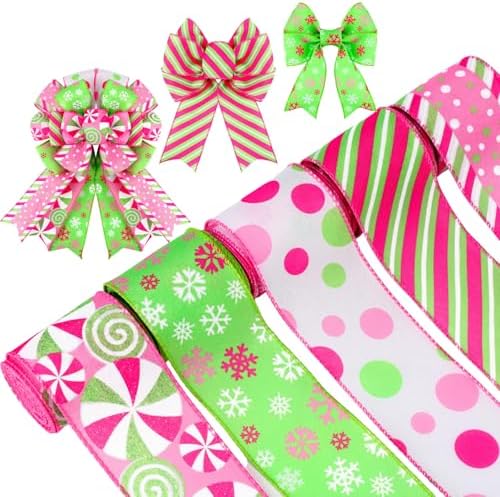 Lyrow 5 Rolls 30 Yard Pink and Green Christmas Wired Ribbon 2.5 Inch Edge Pink Green Elf Christmas Ribbon Dots Stripe Snowflake Candy Peppermint Decor for Xmas Tree Bow Wreath Wrapping DIY Crafts Gift