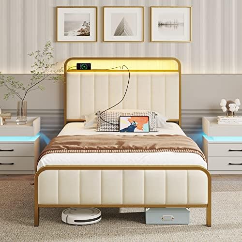 Rolanstar Twin Size Bed Frame with LED Light and Charging Station, Upholstered Headboard and Footboard, Metal Slat, Golden