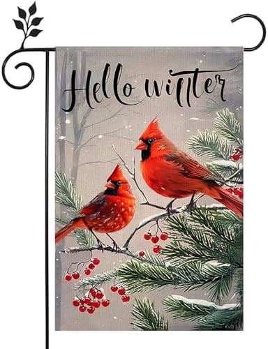 Winter Cardinal Bird Garden Flag 12x18 Double Sided Christmas Banners for Outside Trees Snow Christmas Holiday Outside Decorations Burlap Yard Flag