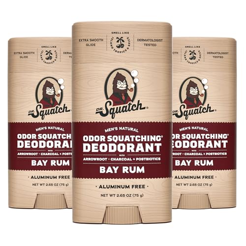 Dr. Squatch Natural Deodorant for Men 3 Pack Bay Rum – Odor-Squatching Men's Deodorant Aluminum Free (2.65 oz, 3 Pack)