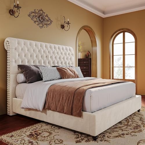 PaPaJet King Bed Frame Upholstered Platform Bed Frame with 52.8'' Tall Sleigh Headboard, Button Tufted, No Box Spring Needed, Easy Assembly, Cream