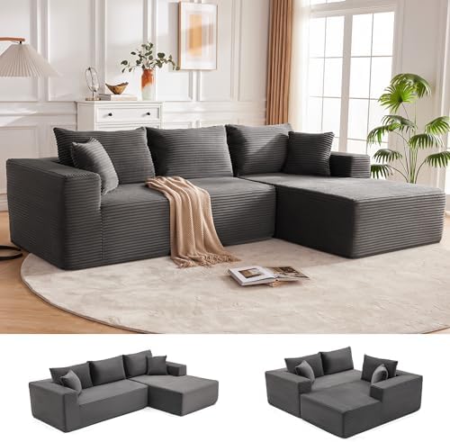 110” Cloud Sectional Couch, Boneless Sofa for Living Room, Modular Sectional Sofa with Deep Seat, Fluffy Couch with L-Shaped Chaise, No Assembly Required (Right-Facing Chaise, Dark Grey)