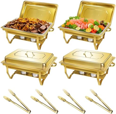 NKTOLEE Chafing Dishes for Buffet, 4 Pack 8QT Gold Chafing Dish Buffet Set, High Grade Buffet Servers and Warmers with All-Gold Serving Tongs, Food Warmers for Parties Buffet, Events & Weddings