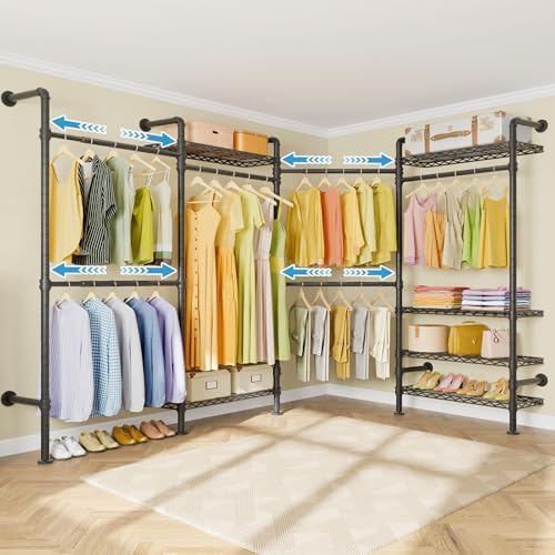 Timate L4 L Shape Heavy Duty Garment Rack - Expandable Industrial Pipe Clothing Rack, Wall Mounted Closet Organizer, Corner Closet System Black