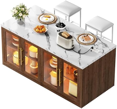 Kitchen Island with Storage, 57" W Large Island Table with Seating/LED Light for Dining Room, Kitchen Carts on Wheels Breakfast Bar Table w/Power Outlet, Walnut