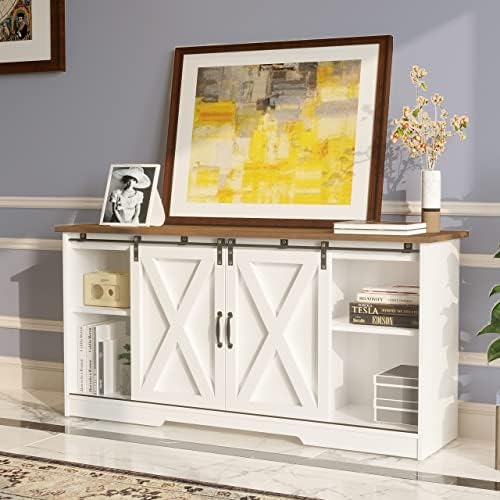 4 EVER WINNER White TV Stand for 65 inch TV for Living Room, Modern Farmhouse Barn Door TV Stand with Storage Cabinets and Adjustable Shelves for Bedroom, Media Entertainment Center TV Console Table