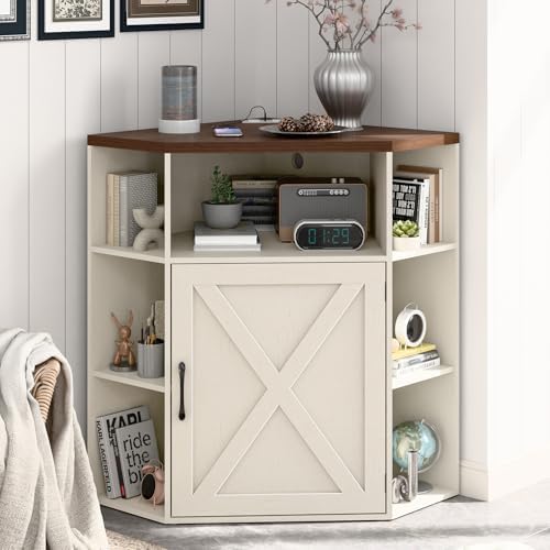 Corner Cabinet, Corner Storage Shelf with USB Ports and Outlets Industrial Organizer for Small Space Wooden 6-Cubby Bookshelf for Study, Playroom, Living Room (Off White)
