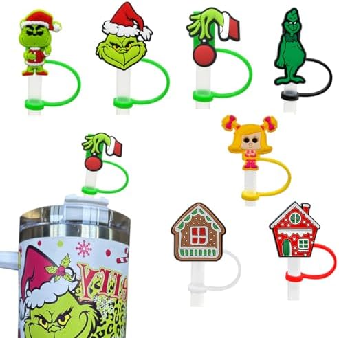 7PCS Christmas Straw Toppers for Stanley Cup - 2024 New Cute Green Cover Cap for 30&40 Oz Tumbler, Reusable 10mm Drinking Tip Covers, Accessories