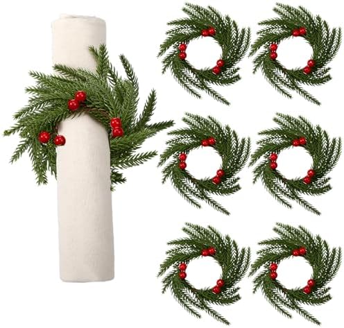 6 Pcs Christmas Napkin Rings Norfolk Red Berry Napkin Holder Artificial Pine Needle Wreath for Xmas New Year Dinner Party Dining Table Family Gathering Banquet Serviette Buckles