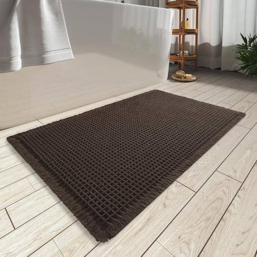 AMOAMI Upgraded Waffle Bath Mat, Super Absorbent Non Slip Bath Mats for Bathroom Floor, Machine Washable Bathroom Rugs with Tassels, Rubber Backed Bathroom Mats, Ultra Soft, 18" x 30", Chocolate