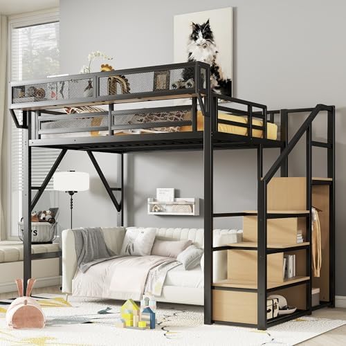 KEIKI Full Size Metal Loft Bed Frame with Convertible Staircase, Built-in Storage Shelves & Wardrobe, Loft Bed with Solid Slats & Guardrail, No Box Spring Required, Easy Assembly, for Bedroom, Black