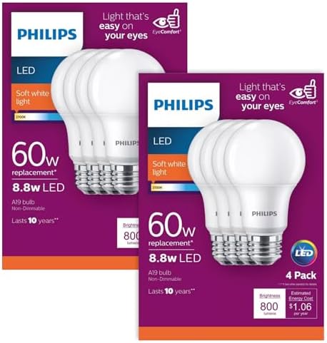 PHILIPS LED Frosted Non-Dimmable A19 Light Bulb - Pack of 8 - EyeComfort Flicker Free - 8.8W = 60W - 800 Lumen - Soft White (2700K) - E26 Base - Indoor - Title 20
