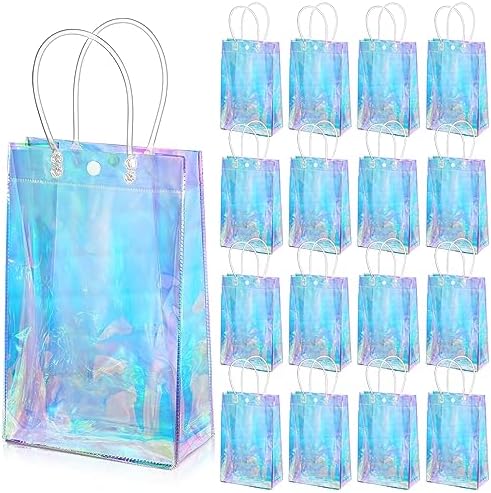 Sherr 16 Pcs Holographic Small Gift Bag Reusable Iridescent Clear Bags for Women PVC Plastic Goodie Holder with Handles for Shopping Christmas Holiday Gift Party Favor(6.3" x 9.84" x 3.15",Rainbow)