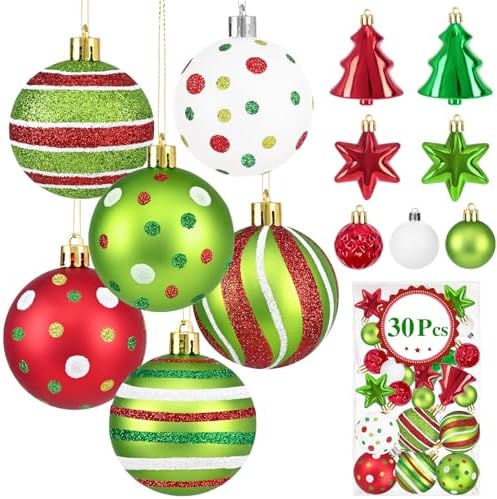 30Pcs Christmas Ball Ornaments, Red and Green Christmas Ornaments, Christmas Tree Decorations, Glittering Hanging Decor for Xmas Tree Topper Holiday Decorations