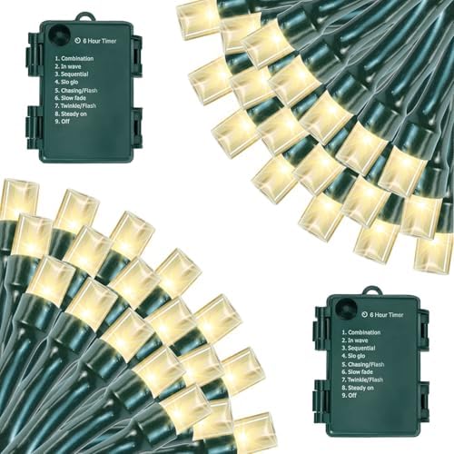 Battery Operated Christmas Lights, 33 FT 100 LED Mini String Lights with Timer and 8 Modes, Green Wire Outdoor Waterproof String Lights for Indoor Holiday Party Garden Decor, Warm White 2 Pack