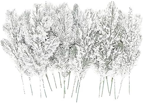 24Pcs Snowy Artificial Pine Needles Branches Twigs 10.6" Fake Frosted Pine Picks Greenery Stems Christmas Pine Tree Picks Winter Fir Pine Sprays Sprigs for Crafts Wreaths Garlands Holiday Decor