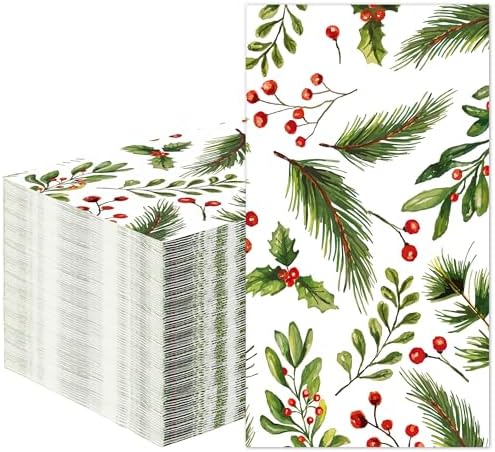 50 PCS Christmas Guest Napkins Berries Pine Paper Napkins 3-Ply Disposable Holly Berries Napkin Xmas Party Greenery Dinner Hand Towels for Winter Holiday Home Kitchen Bathroom Wedding Party Supplies