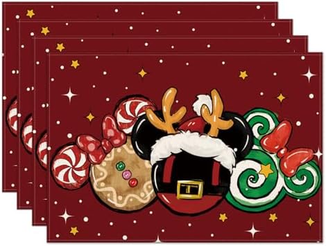 Christmas Placemats Set of 4, 12x18 Inch Red Candy Table Mats, Seasonal Winter Xmas Holiday Table Decors for Home Kitchen Dining Party 25xmas
