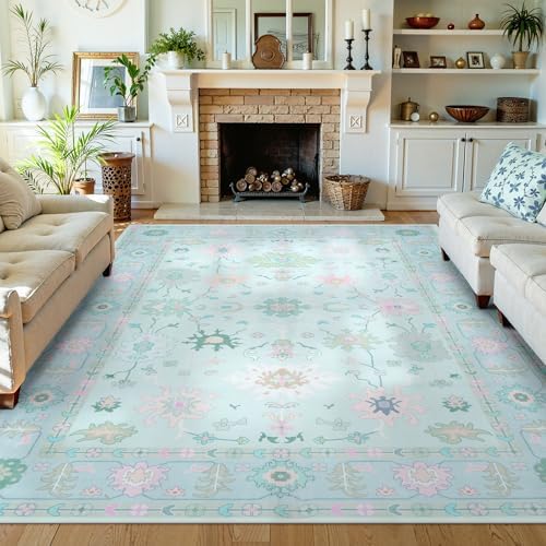 LIVEBOX Washable Oushak Rug Non Slip 8 x 10 Rugs for Living Room, Soft Turkish Rug for Bedroom, Boho Floral Mat Large Indoor Carprt for Kids Nursery, Dining Room, Home Office, Blue