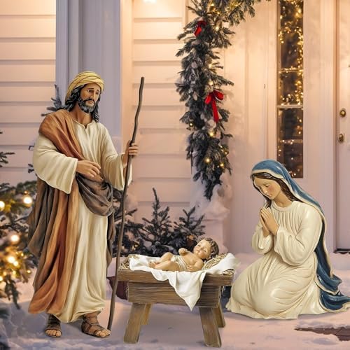 3 Pcs Metal Christmas Outdoor Nativity Scene Set Large Holy Family Outdoor Decorations with Sturdy Stakes Jesus Joseph Mary Yard Signs for Xmas Holiday Lawn Home Garden Decor(Retro)