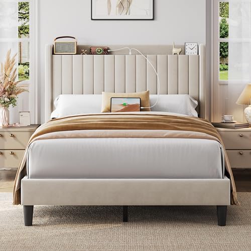 Yaheetech Full Size Bed Frame with USB Charging Station and Storage Shelf/Upholstered Headboard Platform Bed with Wing Side/Wooden Slats Support/Noise Free/No Box Spring Needed/Easy Assembly, Beige
