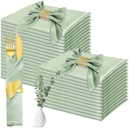 Newwiee 100 Pack Sage Cloth Napkins - 17 x 17 Inch Green Table Napkins for Dinner, Home, Wedding, Birthday Party - Machine Washable Reusable Square Satin Napkin