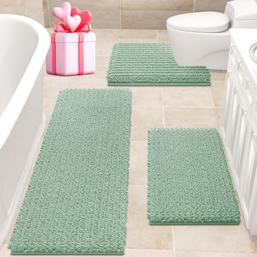 ACCUMTEK Upgrade Extra Large Sage Bathroom Rug Set 3 Pieces Ultra Soft, Thick Absorbent Bath Mats, Non Slip Chenille Toilet Mat for Bathroom, Bedroom, Kitchen, Mint