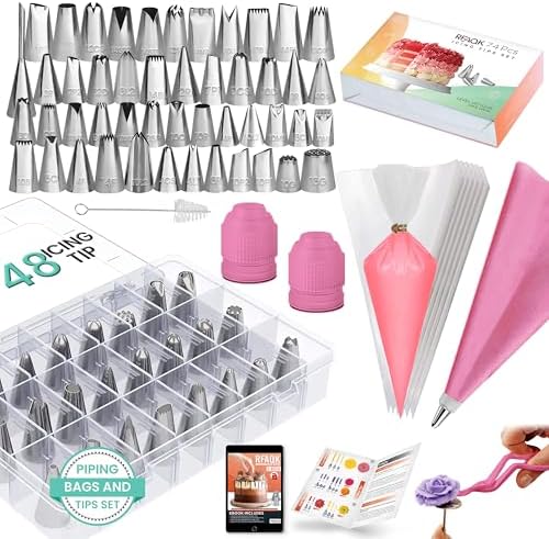 RFAQK 74 PCs Icing Piping Bags and Tips Set, Cake Decorating Kit with 48-Numbered Piping Tips, 20+1 Pastry Bags for Cookie Cupcake Cake Decoration, Cake Decorating Tips Set with Booklet and E-book