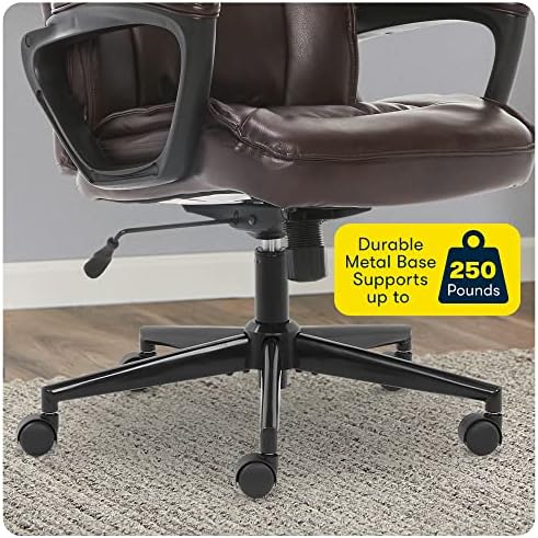 Serta Hannah Executive Home Office Desk Chair, Ergonomic Mid-Back with Lumbar Support, Firm Seat Cushion, Layered Body Pillows, Padded Armrests, Swivel Base, Easy Assembly, Faux Leather, Brown